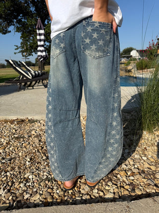 Easel Star Print Denim Barrel Pants | High Rise Wide Leg - Barbwire n Bougie Boutique