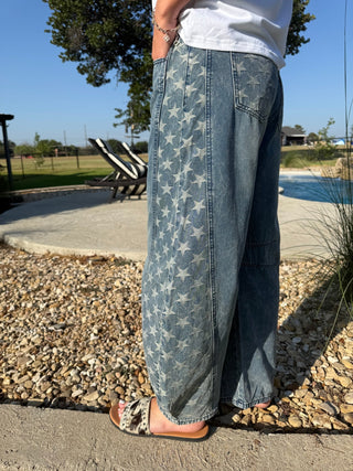 Easel Star Print Denim Barrel Pants | High Rise Wide Leg - Barbwire n Bougie Boutique