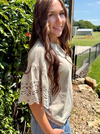 Easel Taupe Crochet Lace Sleeve Top for Women – Boho Lightweight Flutter Sleeve Blouse - Barbwire n Bougie Boutique