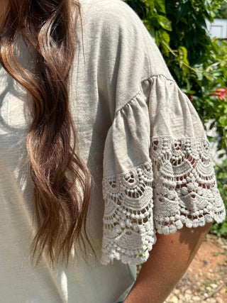 Easel Taupe Crochet Lace Sleeve Top for Women – Boho Lightweight Flutter Sleeve Blouse - Barbwire n Bougie Boutique