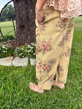 Easel Vintage Floral Barrel Pants | Mineral Washed Cotton Twill Pants- Oatmeal - Barbwire n Bougie Boutique
