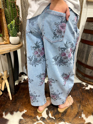 Easel Vintage Floral Barrel Pants | Mineral Washed Cotton Twill Pants- Washed Denim - Barbwire n Bougie Boutique
