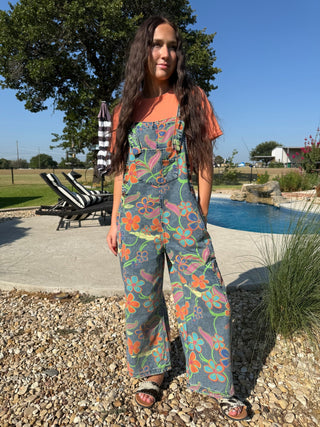 Easel Vintage Floral Washed Wide Leg Overalls - Barbwire n Bougie Boutique