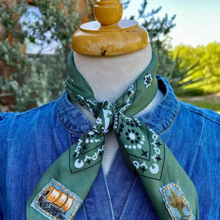 Embroidered Chisholm Trail Bandana Green Western Bandana Wild Rag with Wagon & Cactus Patches - Barbwire n Bougie Boutique