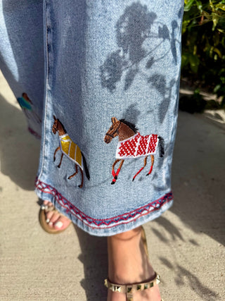 Embroidered Horse Cropped Wide Leg Jeans | Western Denim Capris for Women - Barbwire n Bougie Boutique
