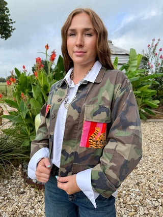 Embroidered Tiger Camo Shacket – Vintage Army Jacket with Bold Patches - Barbwire n Bougie Boutique