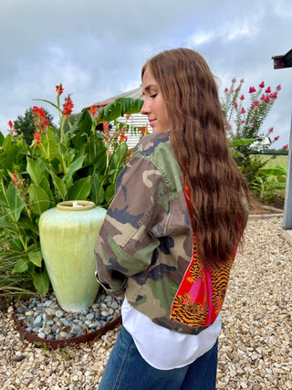 Embroidered Tiger Camo Shacket – Vintage Army Jacket with Bold Patches - Barbwire n Bougie Boutique