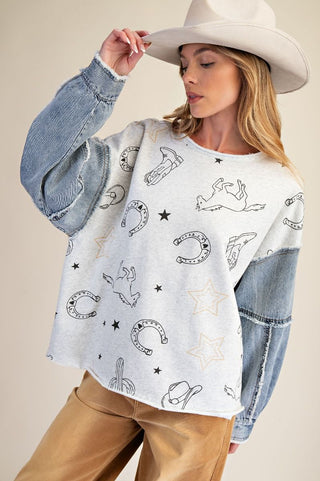 Denim Sleeve Wild West Graphic Sweatshirt