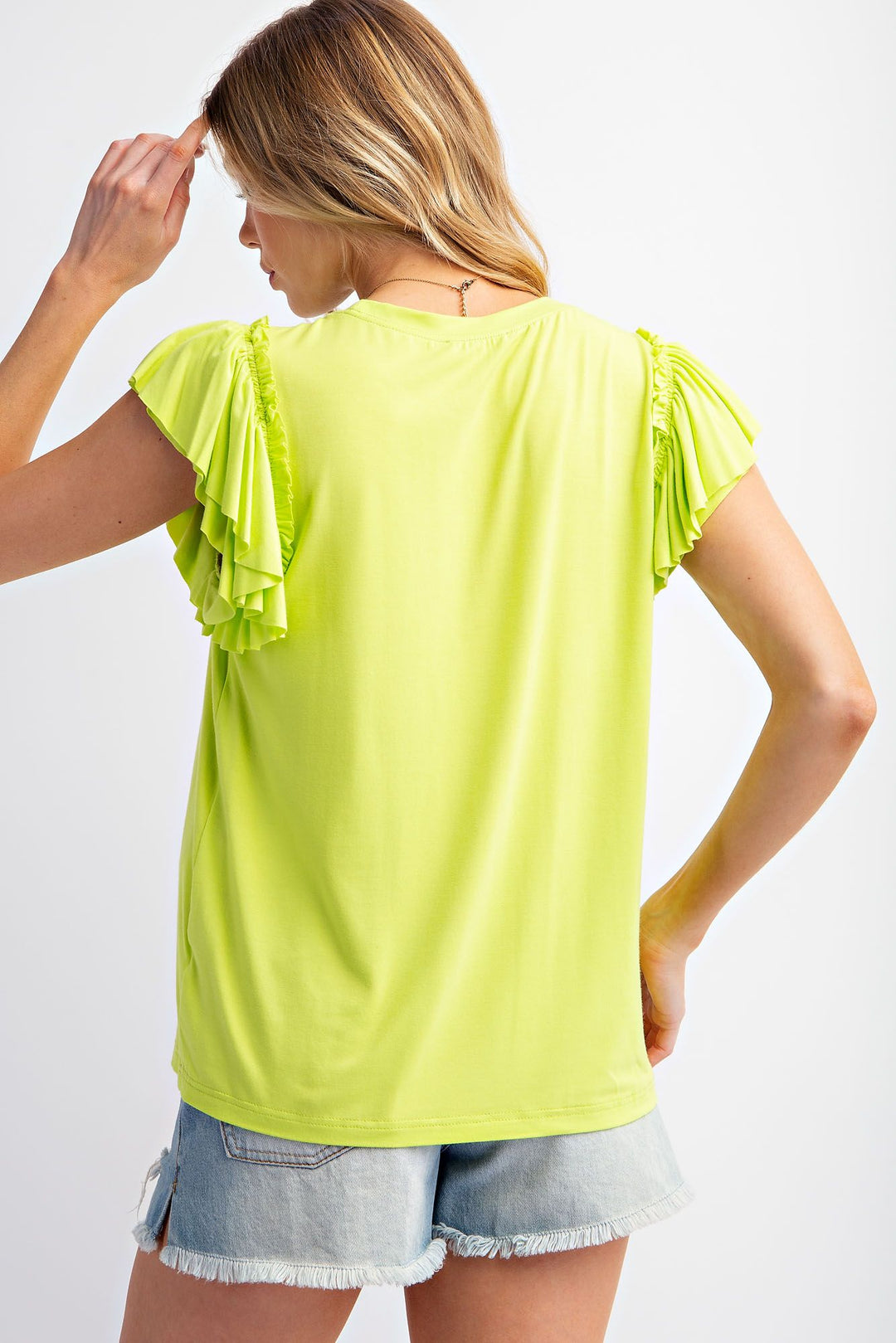 EASEL LIME GREEN RUFFLE SLEEVE RAYON BABYDOLL TOP