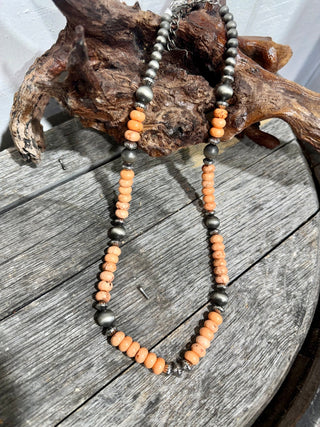 Faux Orange Spiny Oyster & Navajo Pearl Necklace-24” - Barbwire n Bougie Boutique