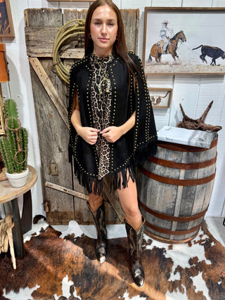 Faux Suede Studded Fringe Cape - Barbwire n Bougie Boutique
