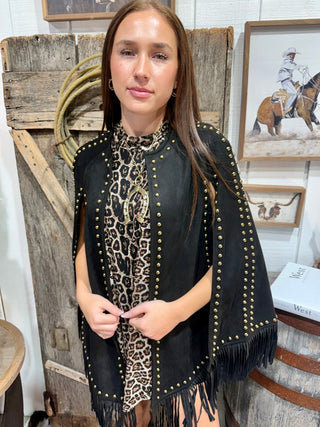 Faux Suede Studded Fringe Cape - Barbwire n Bougie Boutique
