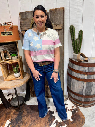 Flag Embroidery Pattern Western Graphic Tee | Cowgirl Boots & Rodeo Icons Shirt - Barbwire n Bougie Boutique
