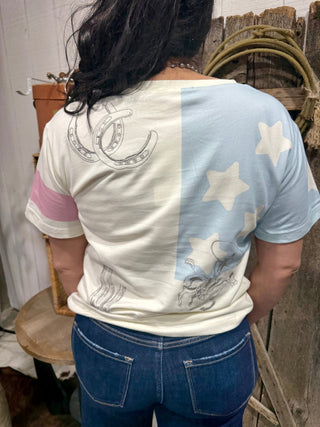 Flag Embroidery Pattern Western Graphic Tee | Cowgirl Boots & Rodeo Icons Shirt - Barbwire n Bougie Boutique