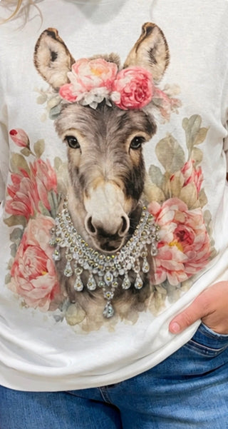 Floral Donkey Graphic Tee with Rhinestone Necklace Detail | Western Boutique T-Shirt - Barbwire n Bougie Boutique