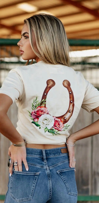 Floral Horseshoe Western Graphic Tee – Cowgirl Lucky Horseshoe T-Shirt - Barbwire n Bougie Boutique