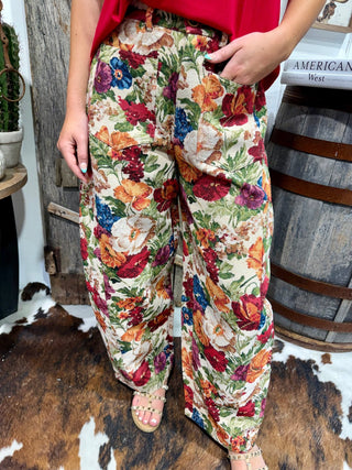 Flower Print Boho Barrel Jeans – Boho Floral Leg Pants - Barbwire n Bougie Boutique
