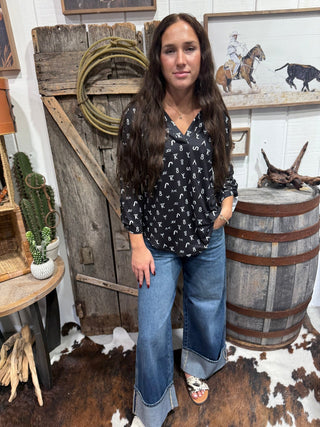 Forever Branded Western Top | Black Cattle Brand Print - Barbwire n Bougie Boutique