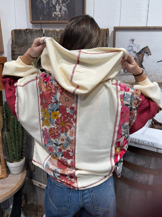 Free Spirit Floral Waffle Knit Patchwork Relaxed Hoodie - Barbwire n Bougie Boutique