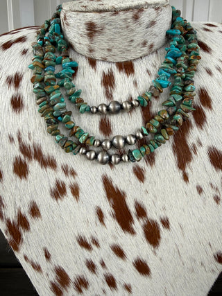 Genuine Kingman Turquoise Chip Necklace with Sterling Silver Navajo Pearl Focal Beads – 16”, 18” or 20” - Barbwire n Bougie Boutique