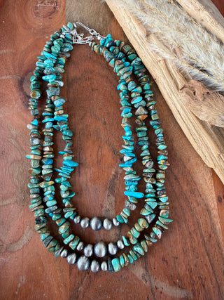 Genuine Kingman Turquoise Chip Necklace with Sterling Silver Navajo Pearl Focal Beads – 16”, 18” or 20” - Barbwire n Bougie Boutique