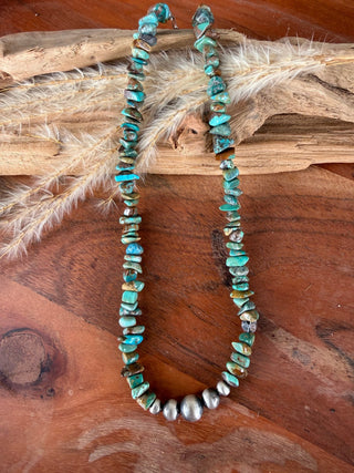 Genuine Kingman Turquoise Chip Necklace with Sterling Silver Navajo Pearl Focal Beads – 16”, 18” or 20” - Barbwire n Bougie Boutique