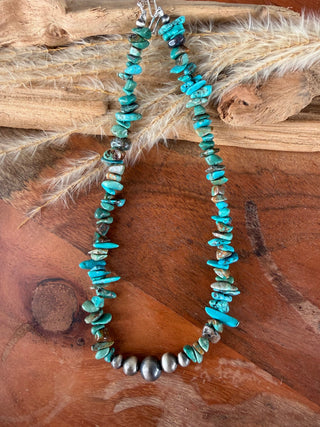 Genuine Kingman Turquoise Chip Necklace with Sterling Silver Navajo Pearl Focal Beads – 16”, 18” or 20” - Barbwire n Bougie Boutique