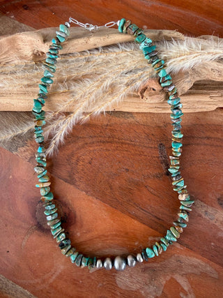 Genuine Kingman Turquoise Chip Necklace with Sterling Silver Navajo Pearl Focal Beads – 16”, 18” or 20” - Barbwire n Bougie Boutique