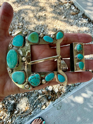 Genuine Turquoise Artisan Custom Statement Buckle & Keeper Set - Barbwire n Bougie Boutique