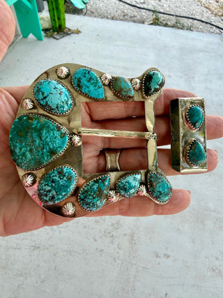 Genuine Turquoise Artisan Custom Statement Buckle & Keeper Set - Barbwire n Bougie Boutique
