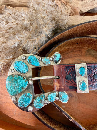 Genuine Turquoise Artisan Custom Statement Buckle & Keeper Set - Barbwire n Bougie Boutique