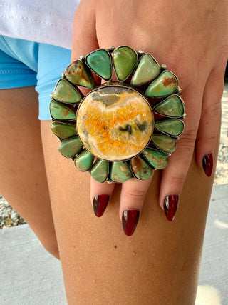 German Silver Bumblebee Jasper & Sonoran Gold Adjustable Ring - Barbwire n Bougie Boutique