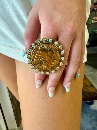 Gold Buffalo Nickel Statement Ring | Western Rhinestone Adjustable Ring - Barbwire n Bougie Boutique