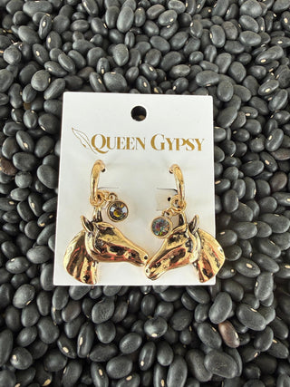 Gold Horse Head Charm Earrings | Western Cowgirl Dangle Earrings with Crystal Accent - Barbwire n Bougie Boutique