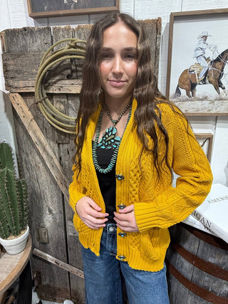 Golden Hour Turquoise Concho Cable Knit Western Cardigan - Barbwire n Bougie Boutique