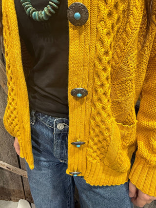Golden Hour Turquoise Concho Cable Knit Western Cardigan - Barbwire n Bougie Boutique