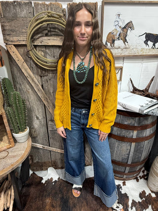 Golden Hour Turquoise Concho Cable Knit Western Cardigan - Barbwire n Bougie Boutique