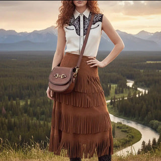 Golden Snaffle Bit Genuine Leather Saddle Crossbody Bag - Barbwire n Bougie Boutique