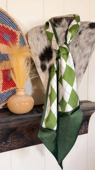 Green Argyle Western Twilly Scarf for Women | Cowgirl Neck Scarf | Boutique Ranch Accessory - Barbwire n Bougie Boutique
