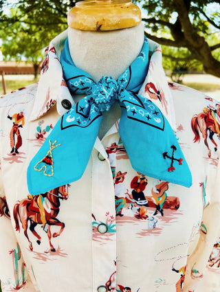 Hand Embroidered Taos Wild Rag – Turquoise Western Scarf with Cowgirl Stitching - Barbwire n Bougie Boutique
