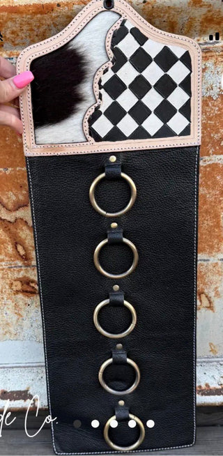 Hand-Painted Checkered Cowhide Wild Rag Twirly Hanger – Genuine Leather Western Wall Organizer - Barbwire n Bougie Boutique