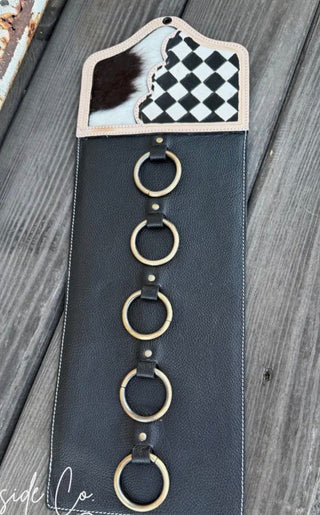 Hand-Painted Checkered Cowhide Wild Rag Twirly Hanger – Genuine Leather Western Wall Organizer - Barbwire n Bougie Boutique