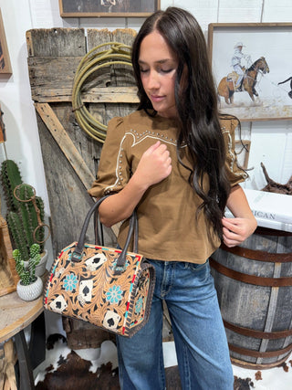 Hand Painted Tooled Leather Speedy Bag Medium – Western Playing Card Purse with Floral Carving, Dice Design & Crossbody Strap - Barbwire n Bougie Boutique