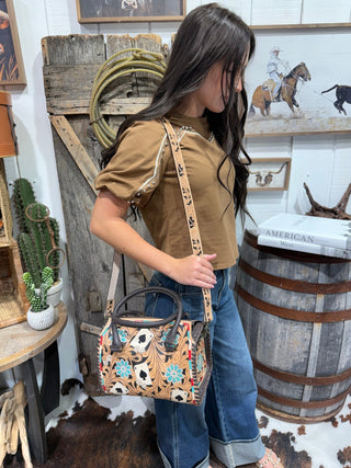 Hand Painted Tooled Leather Speedy Bag Medium – Western Playing Card Purse with Floral Carving, Dice Design & Crossbody Strap - Barbwire n Bougie Boutique