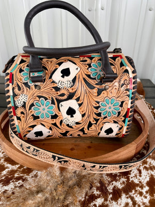 Hand Painted Tooled Leather Speedy Bag Medium – Western Playing Card Purse with Floral Carving, Dice Design & Crossbody Strap - Barbwire n Bougie Boutique