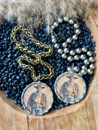 Hand Soldered Vintage Cowboy Photo Pendant Necklace on Chunky Brass Chain | Western Statement Jewelry - Barbwire n Bougie Boutique