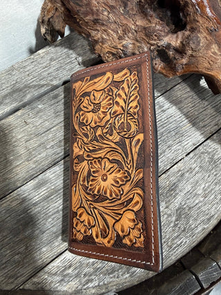 Hand-Tooled Floral Leather Long Bifold Wallet | Classic Western Tooled Design - Barbwire n Bougie Boutique