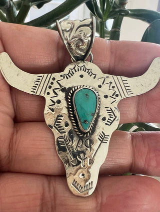 Handmade Tibetan Bull Skull Pendant with Turquoise | Western Statement Necklace | Made in Nepal - Barbwire n Bougie Boutique