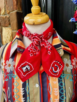 Happy Trails Embroidered Red Bandana Wild Rag Scarf - Barbwire n Bougie Boutique