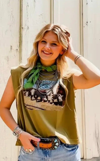 Herd of Herefords Boxy Muscle Tank – Olive Western Graphic Cowgirl Tee - Barbwire n Bougie Boutique